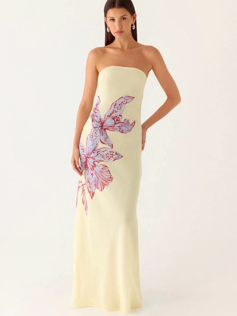 NWT Peppermayo Amelle Maxi Strapless Cream Gown w Lavender Floral Detail Large